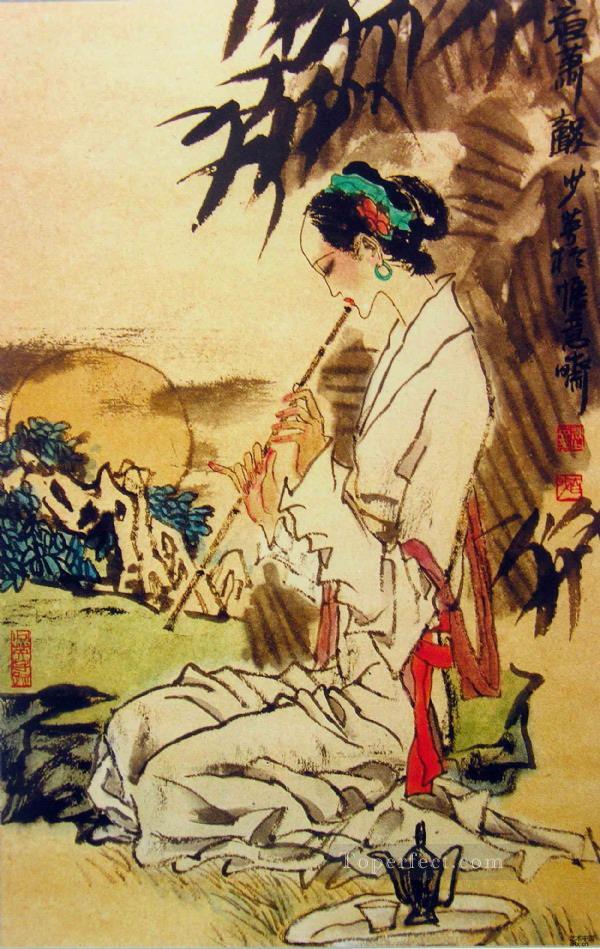 シャオの伝統的な中国語を演奏する女の子油絵